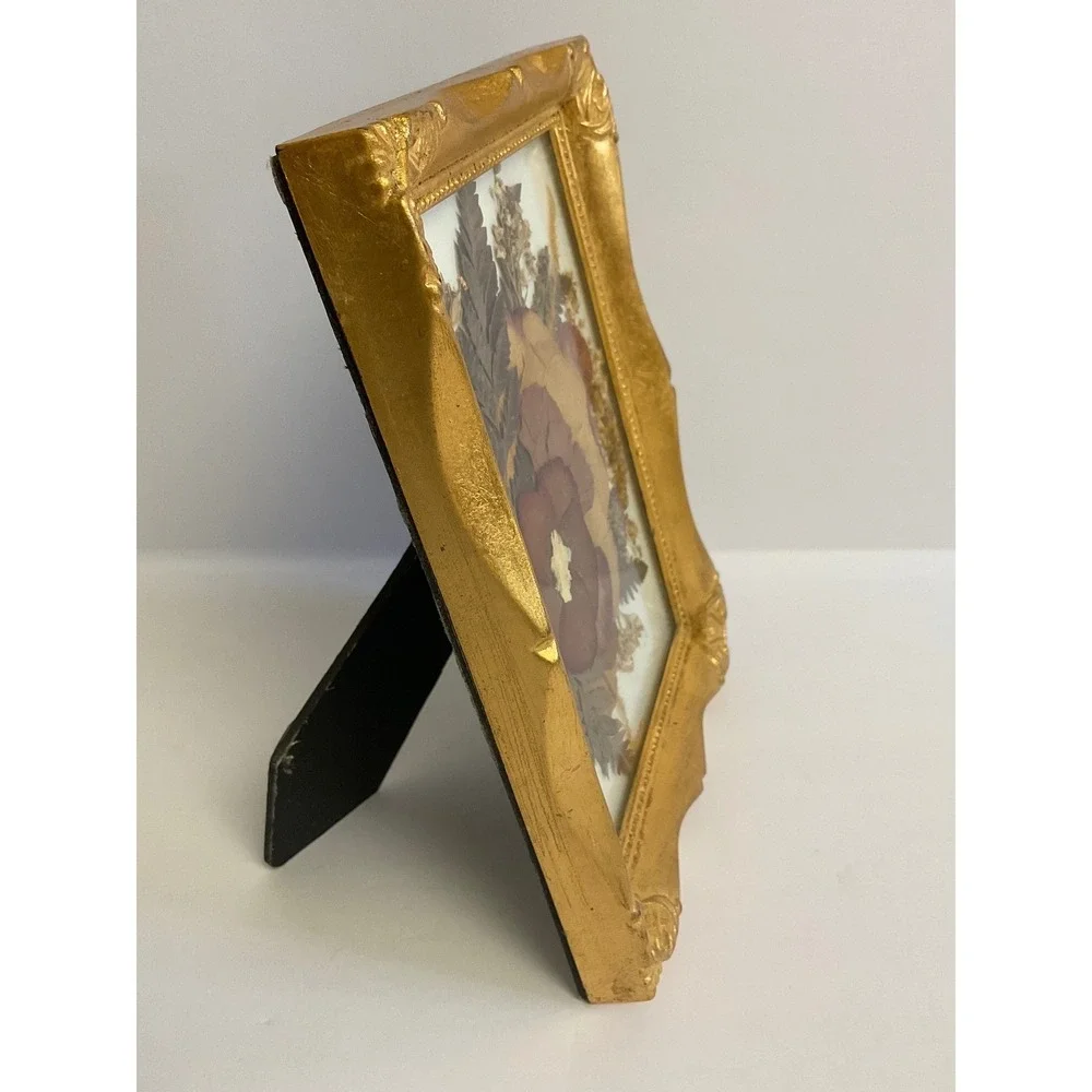 Romantic Cottagecore Pressed Flower Art Gold Fluted Frame Small Tabletop Decor